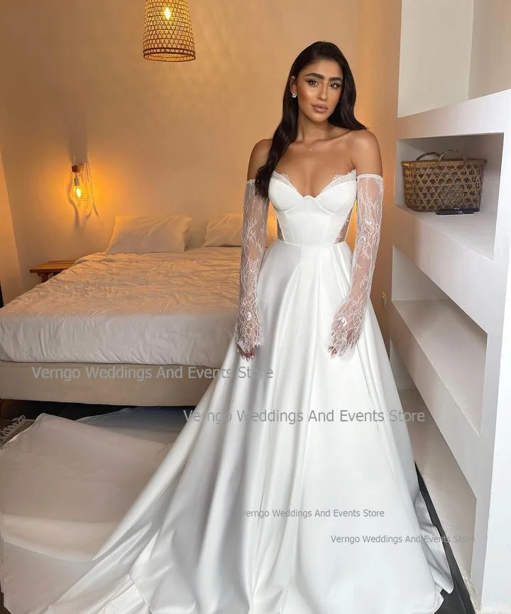 Verngo Simple A-line Wedding Dresses Sweetheart Long Detachable Sleeves Satin Lace 2024 Women Bridals Gowns Vestidos De Novia