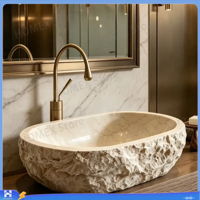 Hand Carved Natural Marble Sink Oval Beige Stone Basin Antique Bathroom Washbasin Hotel Vanity Countertop Vessel Lavabo