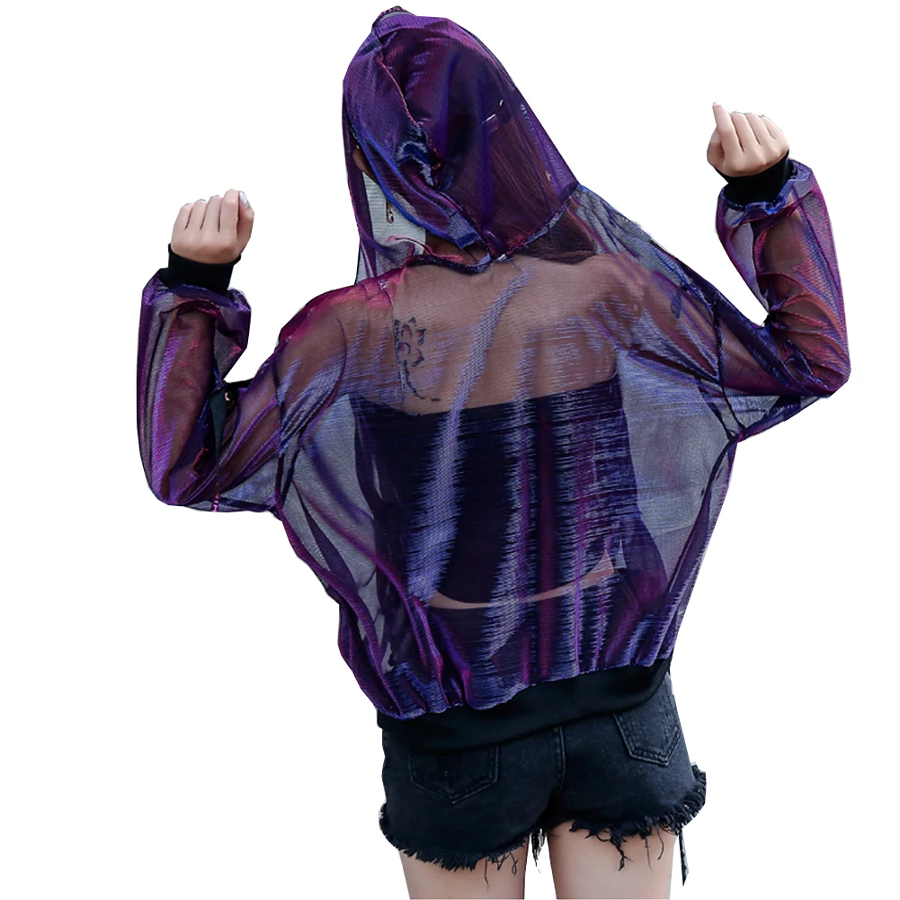 Summer Rave Festival Wear Clothes Holographic Burning man Hoodies Outfits Hologram Women Rainbow Metal Mesh Jacket Clothings