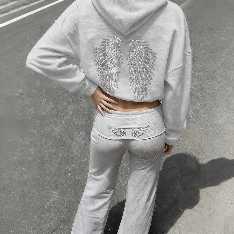 

Spring autumn Women's Hoodie Trousers 2piece Set Solid Vintage Shiny Wing Print Long Sleeve Zip Up Casual Sweatshirt Streetwear