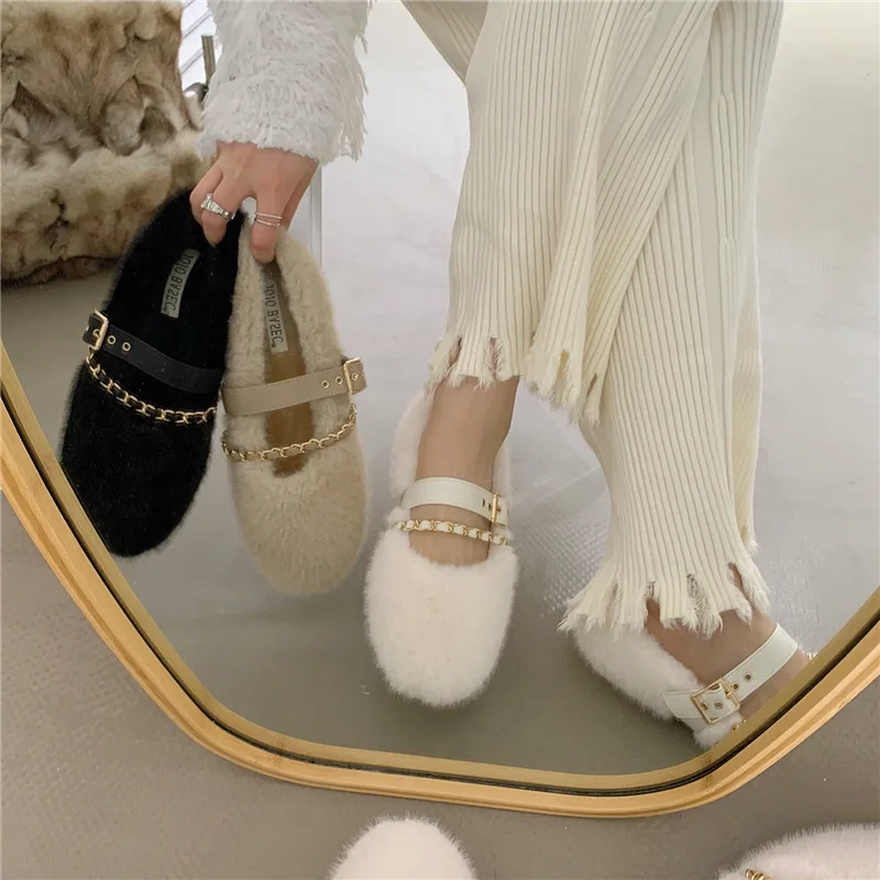 Designer Autumn Women Comfortable Warm Fur Shoes Fashion Shallow Slip on Ladies Flats Shoes Round Toe Women's Mary Jane Shoes