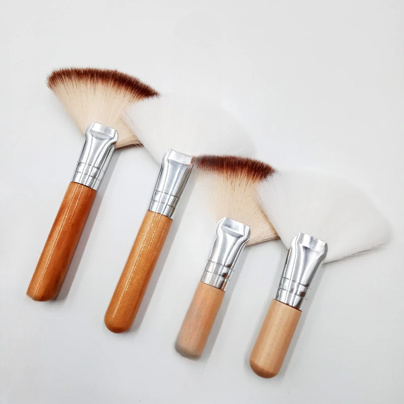 Mini Makeup Brush Gentle Esthetician Cleaning Cosmetic Small White Short Wooden Handle Synthetic Fiber Fan Brushes For Facial