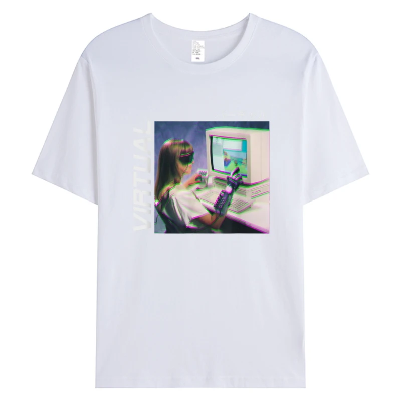 خلل Vaporwave الجمالية الظاهري الرجال تيز نسيج القطن الجدة مصمم نمط الساخن بلايز طباعة تي شيرت الطباعة القمم