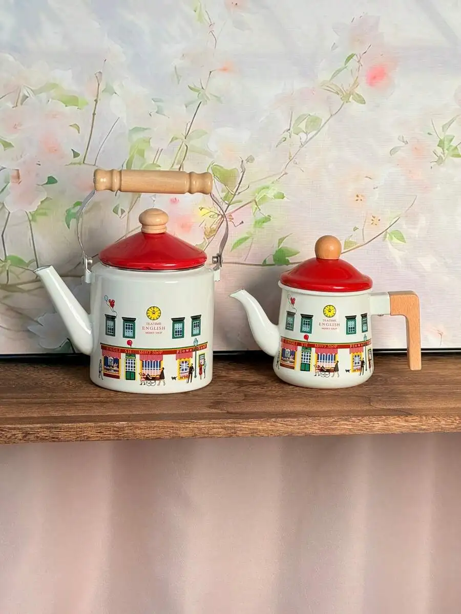 Vintage British Street Scene Enamel Teapot, Heat-Resistant Wooden Handle, Artistic Illustration Style Tea Kettle