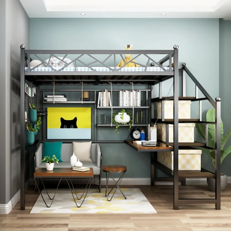 سرير مرتفع من الحديد المطاوع لغرفة النوم، سرير علوي وسفلي بسيط، سرير حديدي للدراسة، شقة واحدة، سرير مرتفع ومنخفض