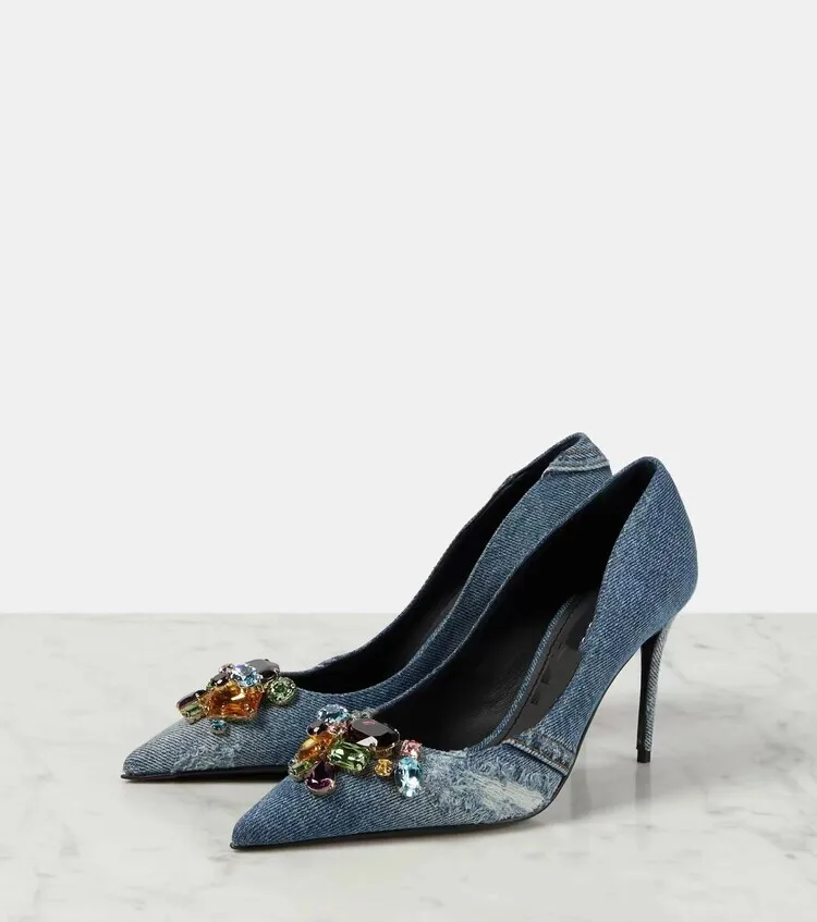Women's Denim Pointed Toe Stiletto Heels Crystal Embellished Front Chic Retro Style for Evening Date Nights Fashion Outfits