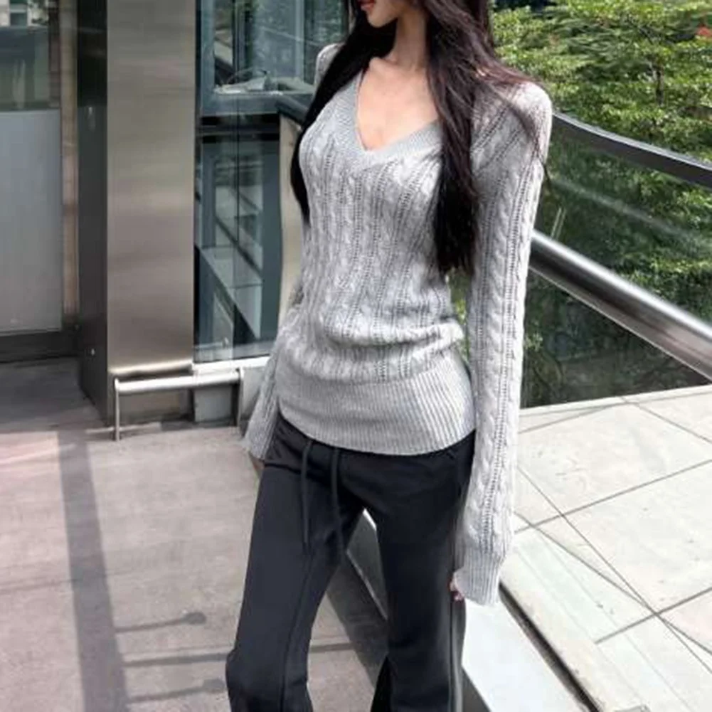 for V Neck Solid Color Cable Knit Sweater for Women Fitted Waist Cinched Long Sleeve Polyester Top Ideal for Summer Cycling