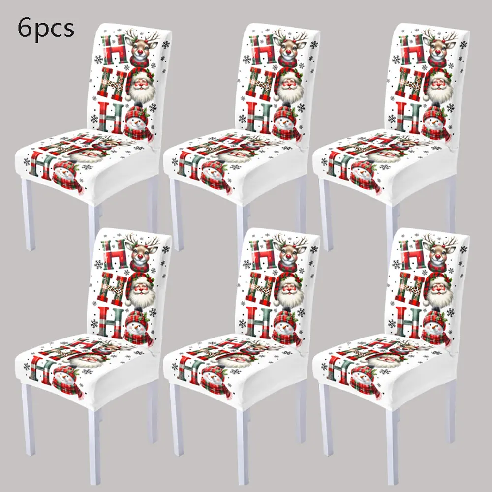 

4/6pcs Christmas Print Chair Cover Santa Claus Reindeer Snowman Print Stretch Spandex Full Cover Chair Cover Machine Washable