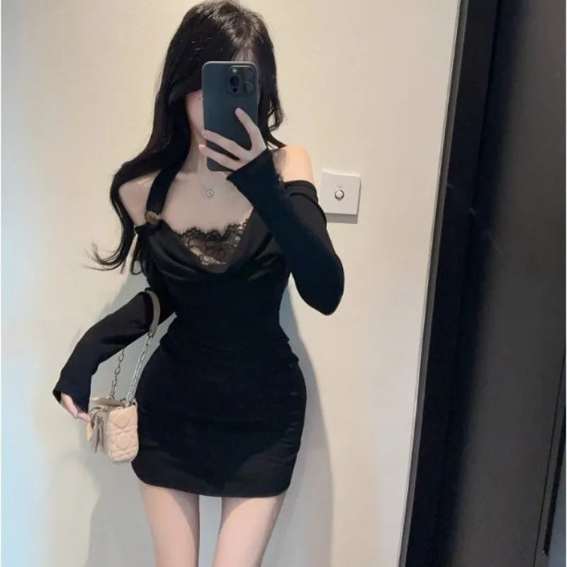 

Women's Off Shoulder Halter Neck Lace Trim Bodycon Mini Dress Long Sleeve Party Dress