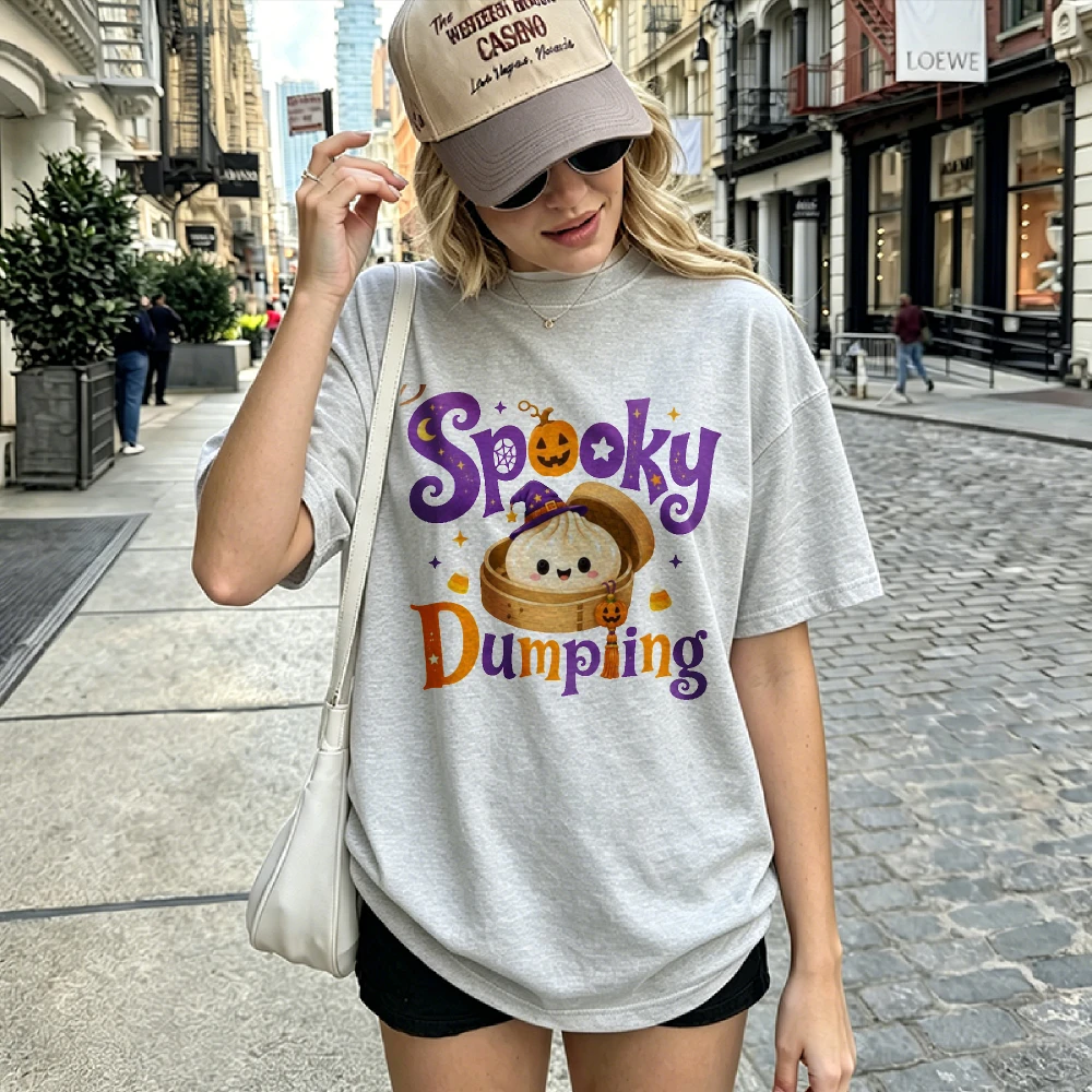 Spooky Dumpling Halloween Graphic T-shirt Cute Witch Dumpling Bamboo Steamer Pumpkin Candy Corn Moon Star Print Short Sleeve Tee