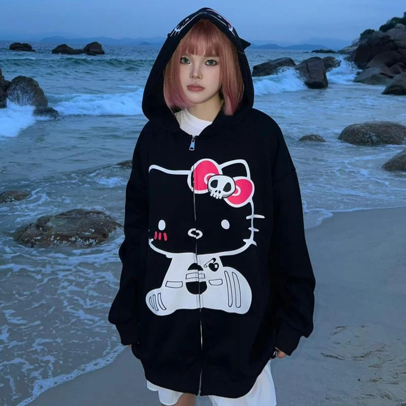 Kawaii Sanrioed Y2K Hello Kitty Hooded Hoodie Anime Cotton Zip Up Sweatshirt Cartoon Autumn Cardigan Coat Loose Vintage Trend