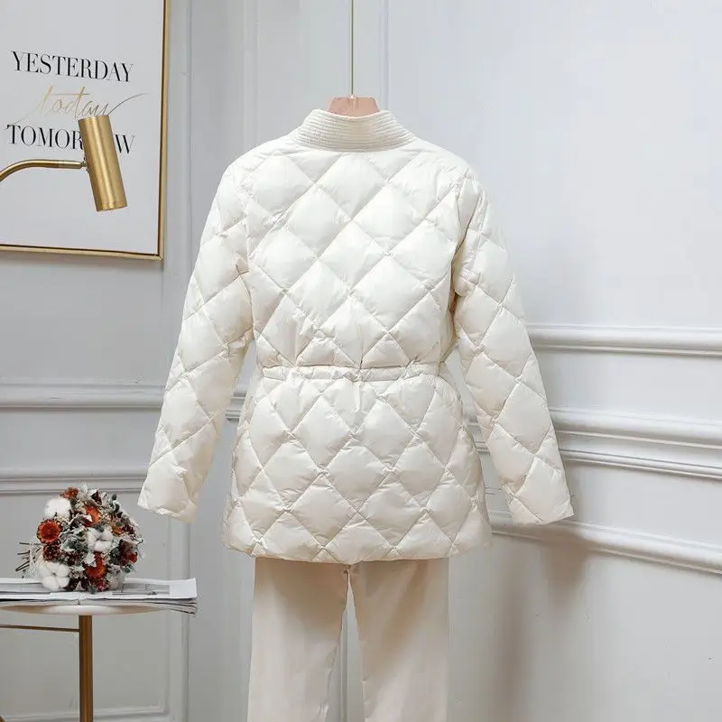 Ladies Quilted Padded Coat Stand Collar Cinched Waist Long Sleeve Pockets Loose Fit Solid Color Warm Winter Outerwear Coat
