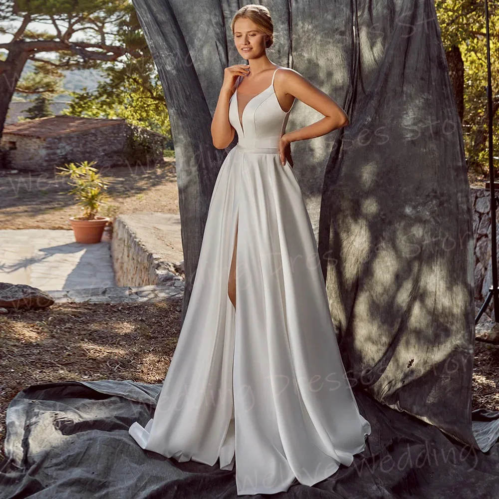 

Простые женские свадебные платья трапециевидной формы с v-образным вырезом, Vestido, индивидуальные платья невесты с открытой спиной на бретельках, с разрезом по бокам, Vestido De Novia