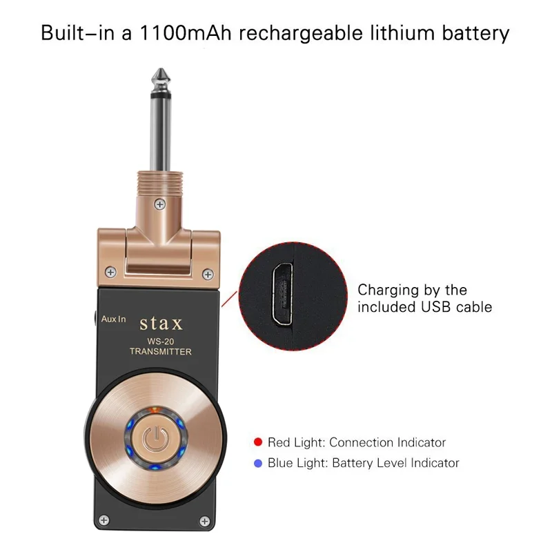 Stax 2.4GHz Electric Guitar Bass Transceiver Plug Wireless Transmitter Receiver Rechargeable Battery Golden Black