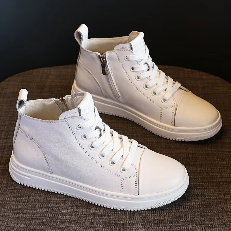 

New Shoes for Women Cow Leather Casual Shoes Girl White High Tops Flat Skateboard Shoes Lace-up Sneaker