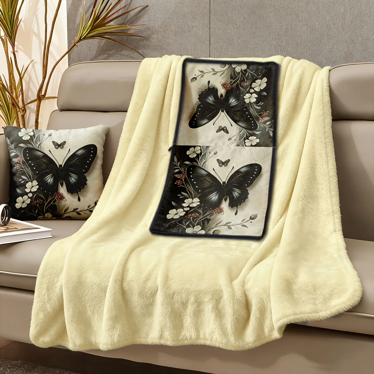 Elegant Vintage Black Butterfly Floral Frame Art Print Flannel Blanket Warm Throw For Bedroom Dark Floral Holiday Present