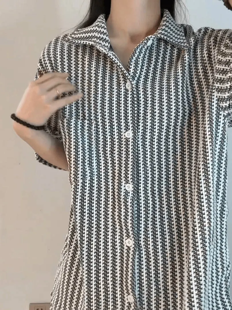 Fishbone Pattern Casual Short Sleeve Men's Shirt Heavyweight Loose Outerwear American Style Lightweight Summer Fashion