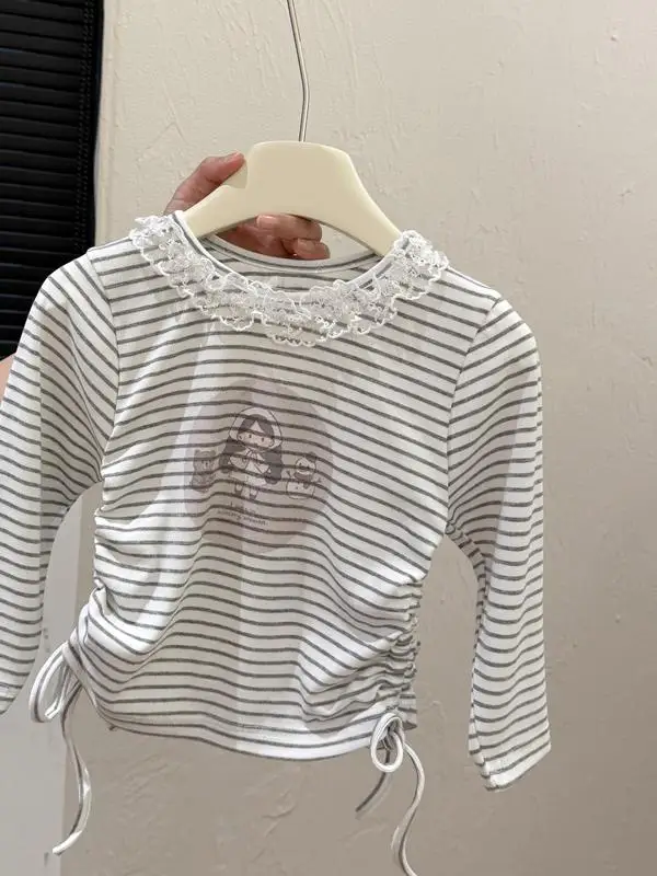 

Spring Faion Long Sve Girls Lace Striped Base irt Korean Sle Children's Clothes Boting Top for Baby Girls