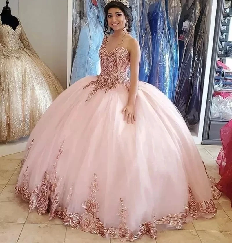 

ANGELSBRIDEP Pink Sweetheart Ball Gown Quinceanera Dresses Vestidos De 15 Anos Shiny Applique Tulle Princess Party Gowns Corset