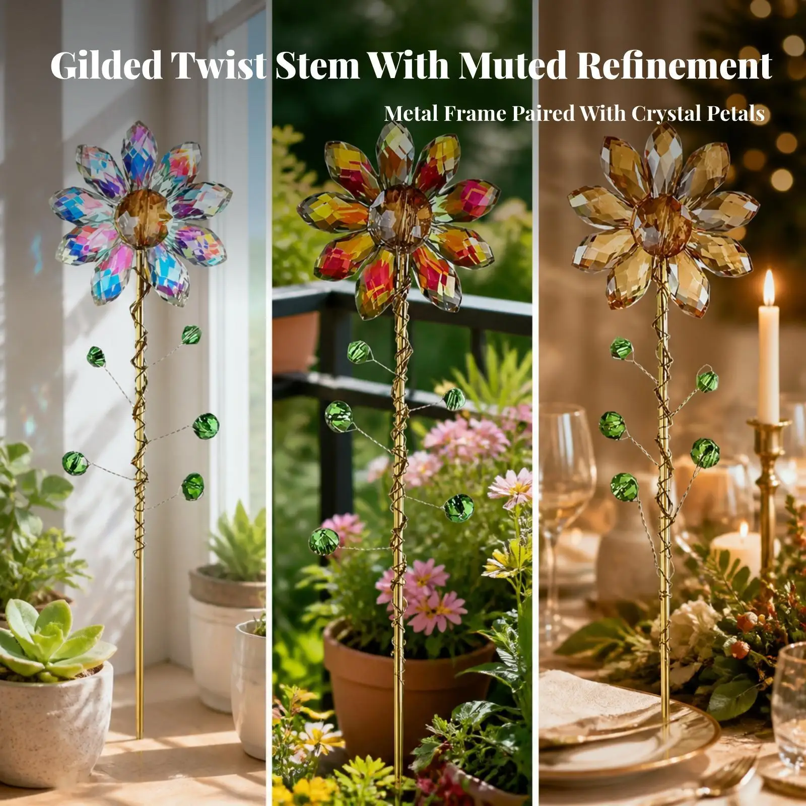Outdoor Crystal Flower Stake Sunlight-Catching Flower Garden Stake with Crystal