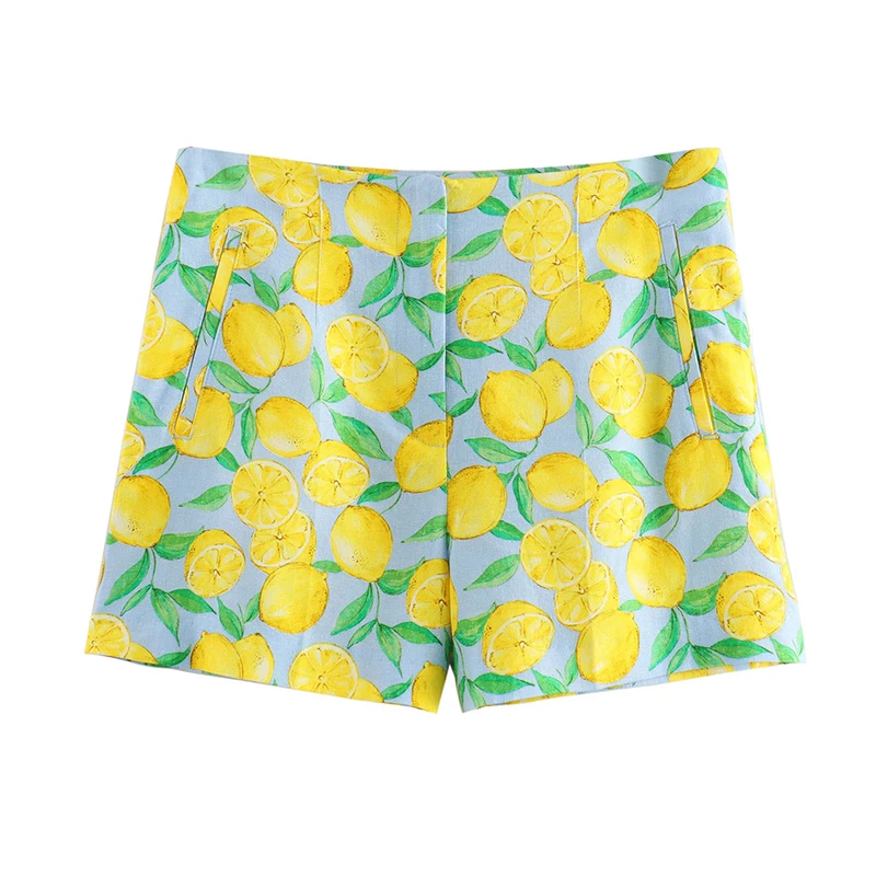 YENKYE Lemon Print Casual Shorts Women Vintage High Waist Holiday Summer Short Mujer pantalones cortos