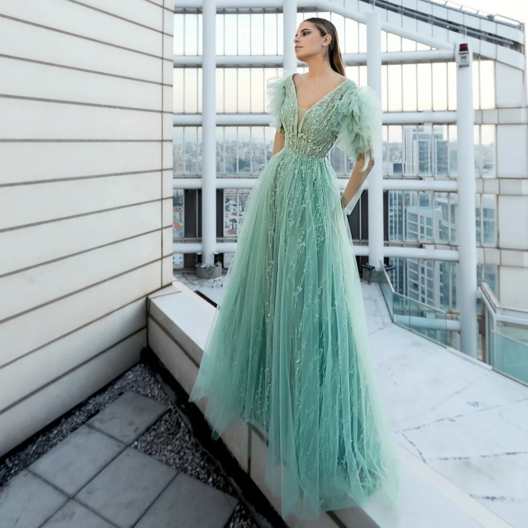 Tulle Sequins V-neck A-line Prom Dresses Illusion Long Sleeve Ruffles Pleats Party Dress Sparkly Backless Long Evening Gowns