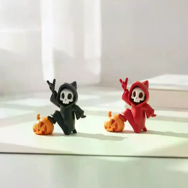 1Pc Halloween Skeleton Ghost Figurine With Pumpkin Decor Cute Hooded Skull Statue For Home Desktop Party Ornament Gift