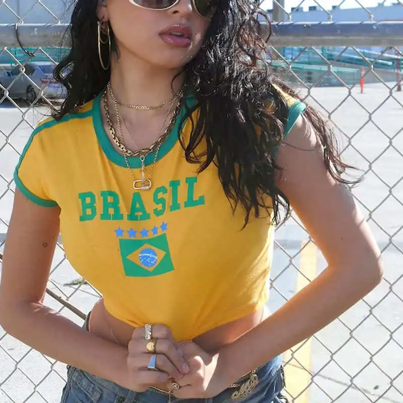 

2025 Women's Brazil Letter Aesthetic 90's Crop Tops Tirt Luxury Sle Regenerated Cellulose Fiber Pure Color Cotton 00%