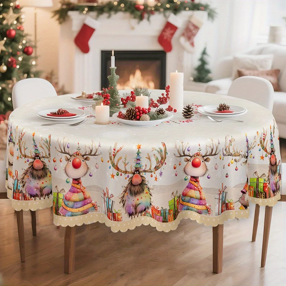 Christmas tablecloth, white and beige decoration, reindeer and Christmas tree pattern, contemporary style, art style, round