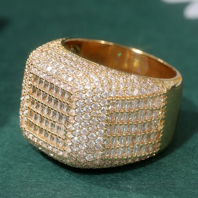 Luxuriöser Goldfarbener Ring mit Eingelegten Weißen CZ-Steinen für Damen, Modischer Quadratischer Alltags- und Partyschmuck – Detail 2