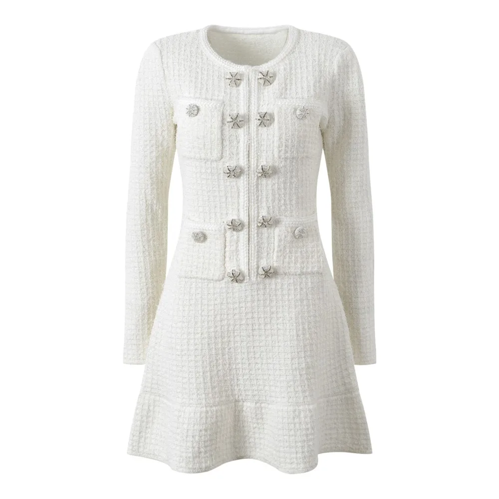 White Knitted Dress Autumn/Winter New Style socialite round neck double row diamond embellished ruffle edge dress