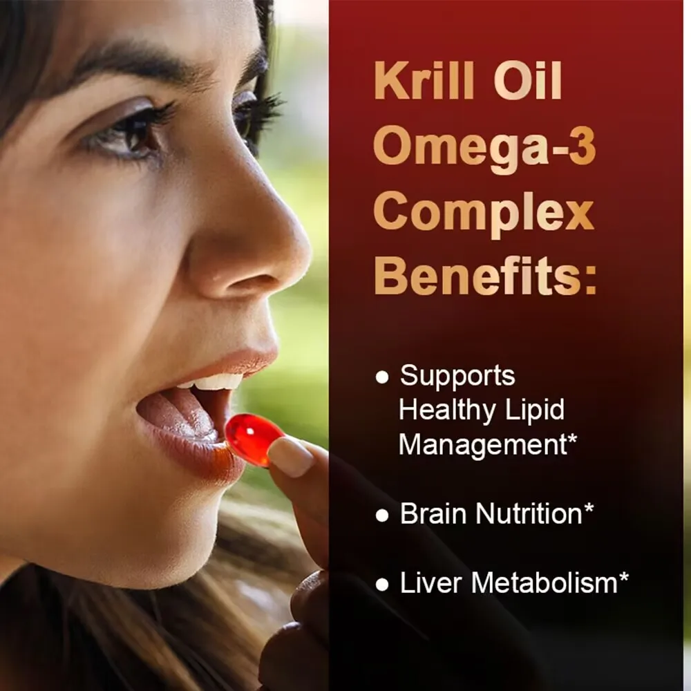 Krill Oil Capsules Phospholipid Omega 3 Complex with Astaxanthin Metabolism, Brain and Heart Health EPA and DHA Healthy Food