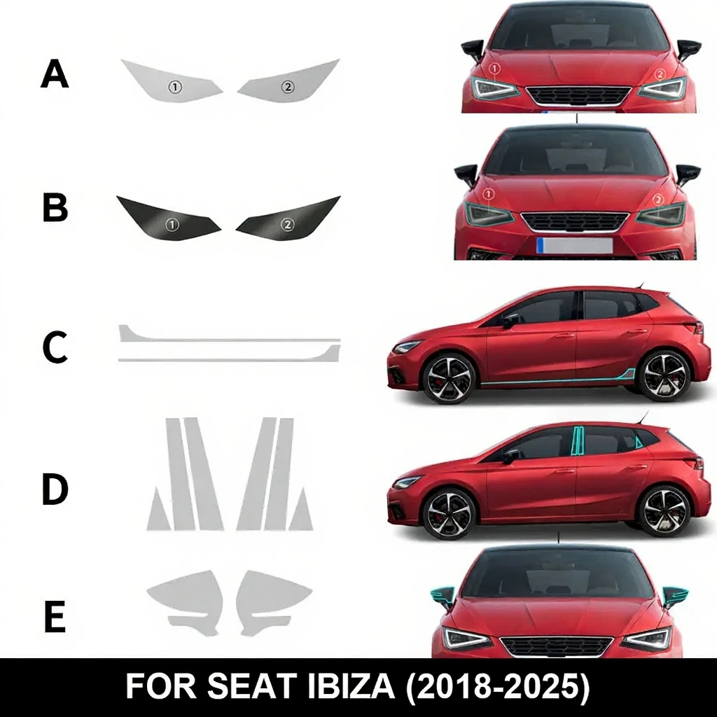 Für Seat Cupra Ibiza 2018-2025 Auto Rückspiegel Scheinwerfer BC-Säulen Transparente TPU-Folie Kratzfester Schutzaufkleber Klare Folie – Detail 3
