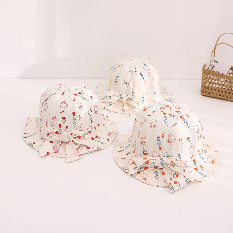 

3 Colors Spring Autumn Cute Cartoon Bunny Cotton Bucket Hat for Girls Princess Bow Fisherman Bonnet Kids Sunshade Cap 1-4Y