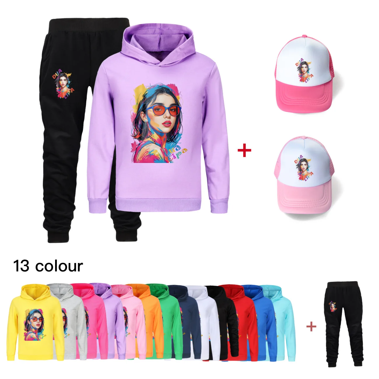 

Kids dua Lipa ClothesHoody Sweatshirt + Jogging Pants + Hat 3pcs Sets Boys Cartoon Hoodies Teenager Girls Casual Outfits4788