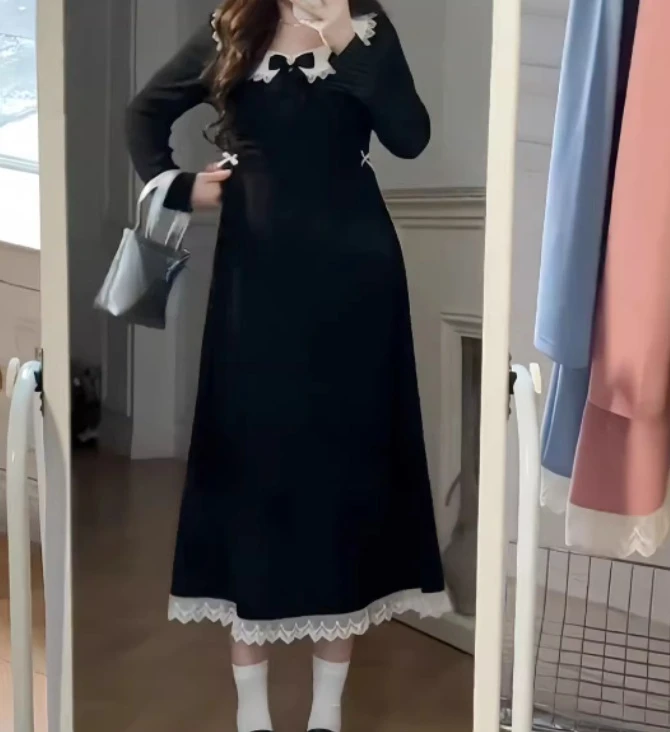 Robe noire à col ras du cou pour femme, grande taille, tempérament français, élégante, taille haute, ligne a, polyvalente, mode, manches longues, automne