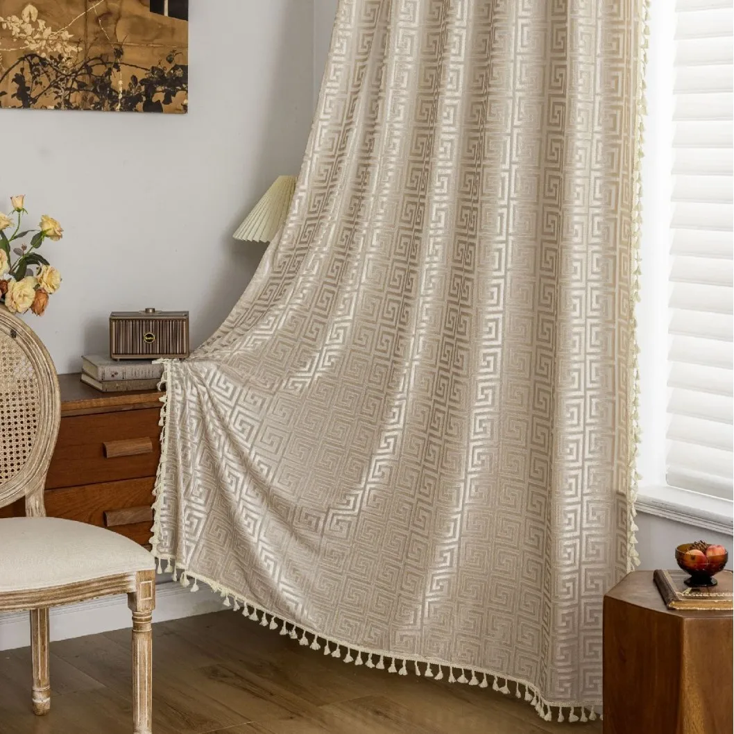 Boho Geometric Greek Key Sheer Curtain Tassel Edge Semi Transparent Window Curtain For Living Room Bedroom Home Decor
