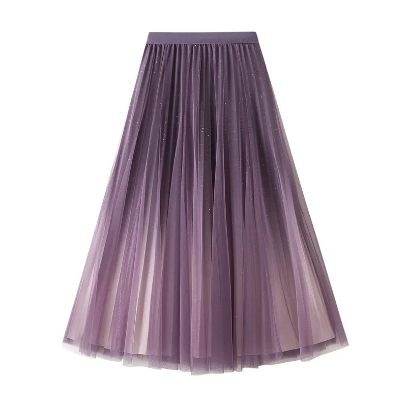 Women's Starry Gradient Tulle Midi Long Skirt Autumn Winter Fashion Elegant Sweet Pleated A Line High Waist Skirts For Woman