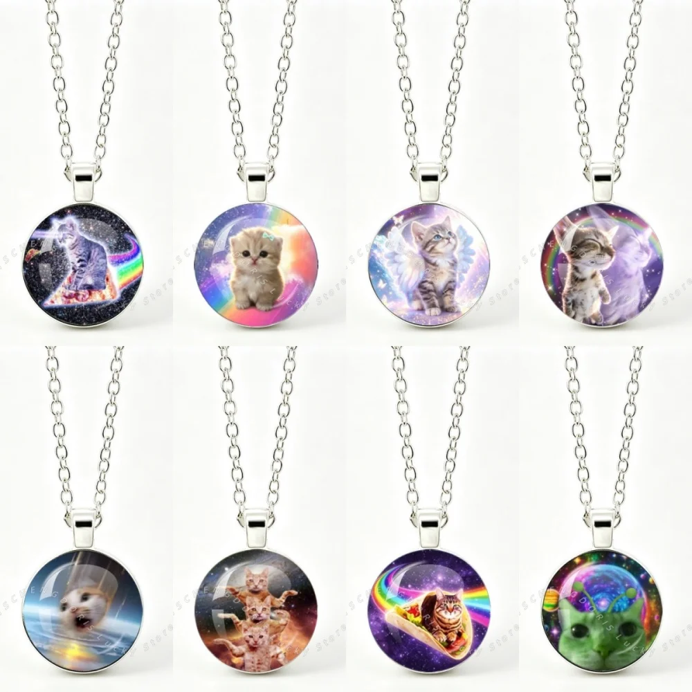 Rainbow Alien Cat Necklace Creative Cute Funny Cat Meme Art Photo Glass Cabochon Round Necklace Collect Jewelry Gift MS044