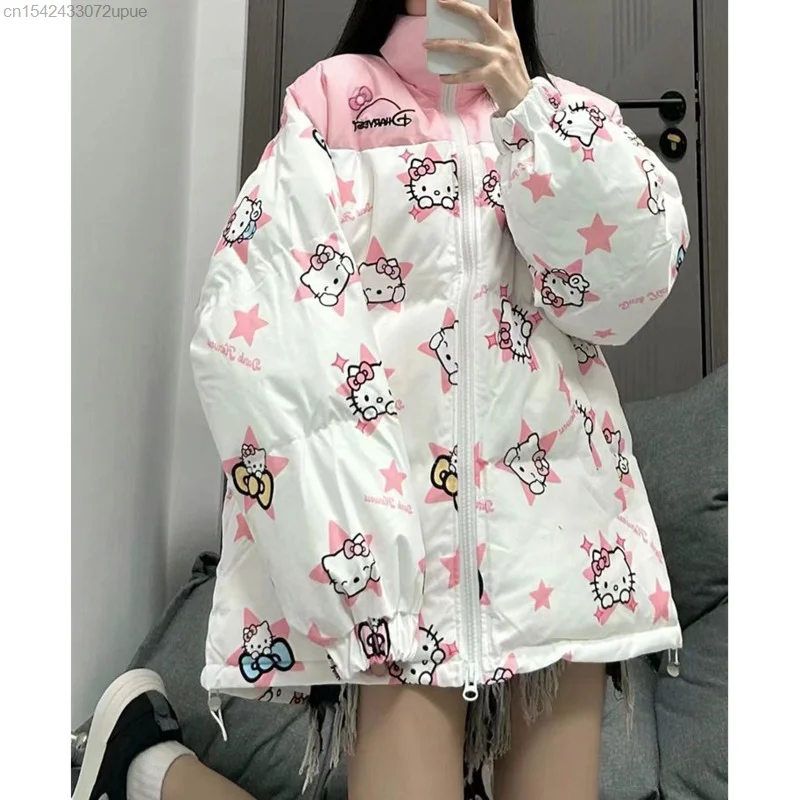 Casaco estrela rosa Hello Kitty para mulheres, jaquetas de algodão acolchoadas, top com zíper Harajuku, camisas fofas, roupas da moda Y2K, outono e inverno