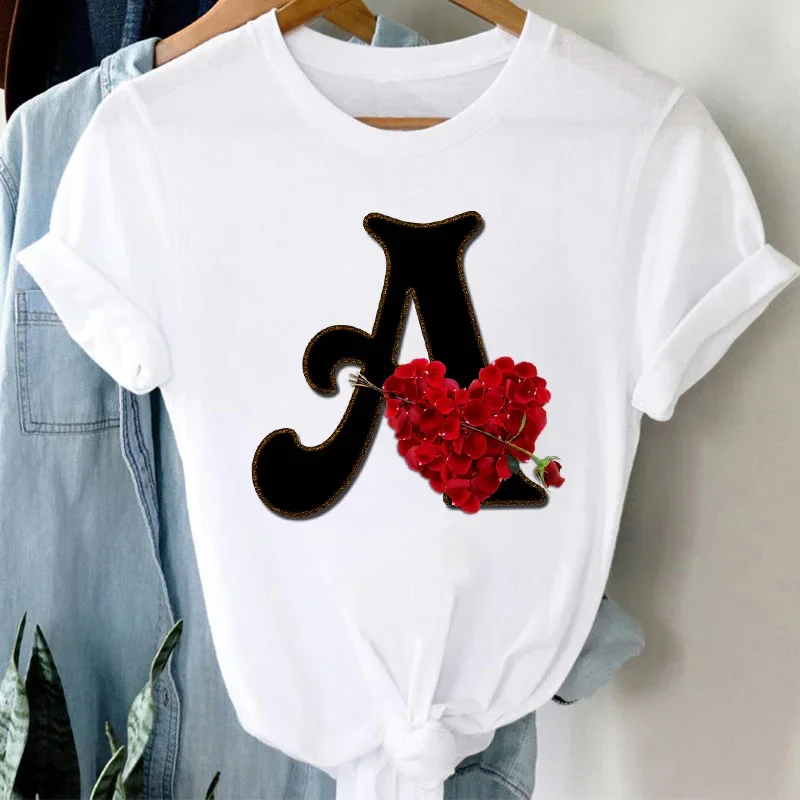 

Alphabet Rose Pattern Print Women T-shirt Fashion Fun Retro Tops O-Neck White Tee Shirt Femme Women Clothing