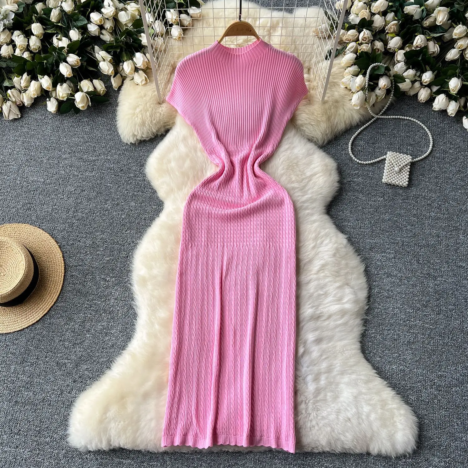 

Mid Length Dress Women Dresses Knitted Vestidos Streetwear Bodycon Short Sleeve High Waist Elegant Splice Y2k Bodycon Pink White