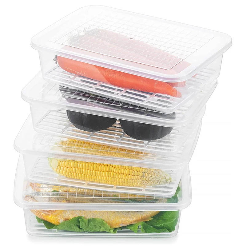 

Produce Storage Containers For Refrigerator - 4 Pcs Large Plastic Fridge Produce Saver With Removable Drain Tray & Lid