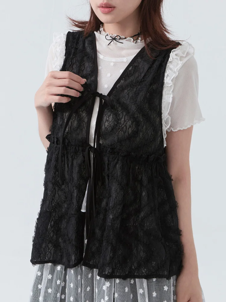 

Жилет с кружевной отделкой Queenop, ажурный, с 3D цветочной вышивкой, с поясом, 009920, женский модный топ свободного кроя с короткими рукавами