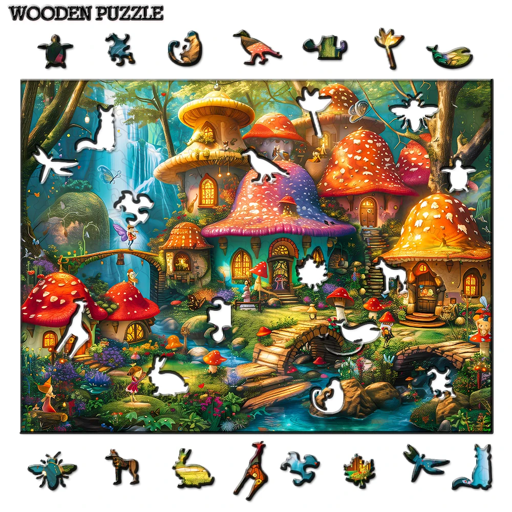 

Wooden Puzzle - Charming Mushroom Village - Adult Puzzle - Suitable for children aged 14 and above as a gift - Made of wooden