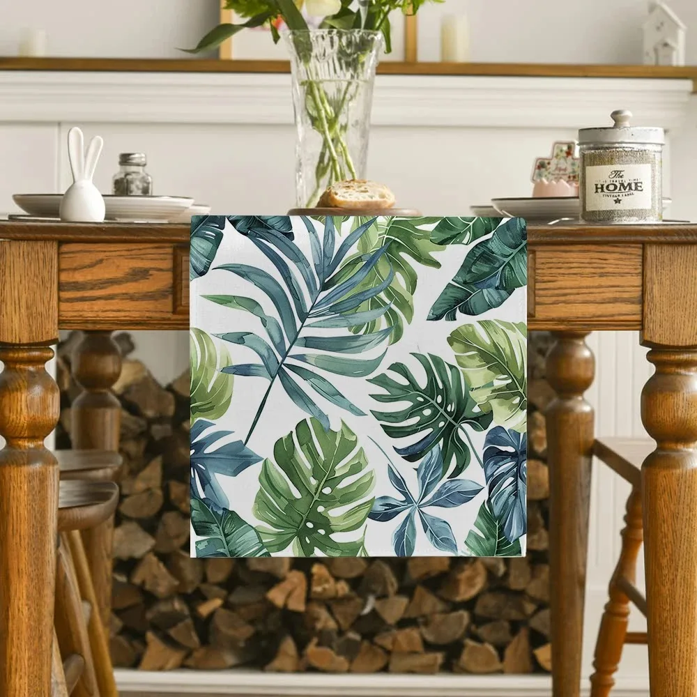 Tropical Plant Leaf Table Runner Wrinkle‑Resistant Watercolor Green Foliage Design For Jungle Style Table Decoration