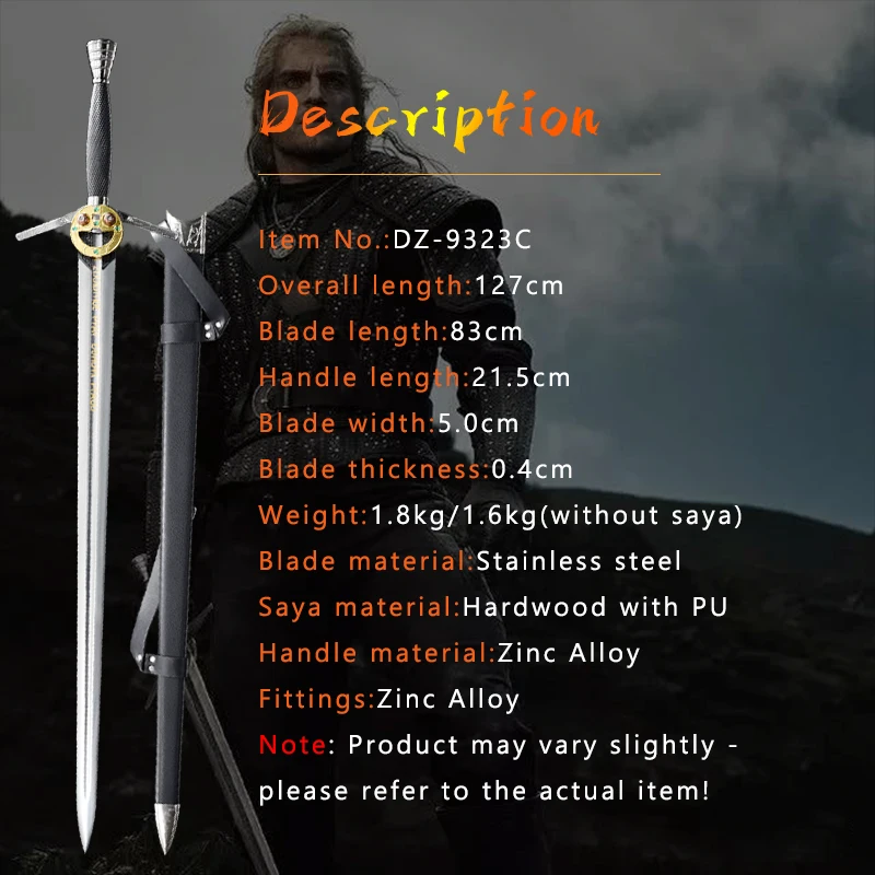 Stainless steel Medieval Long Sword,Handmade Game Swords,Movie Cosplay Replica Prop,Black Leather Scabbard,Big Western Sword