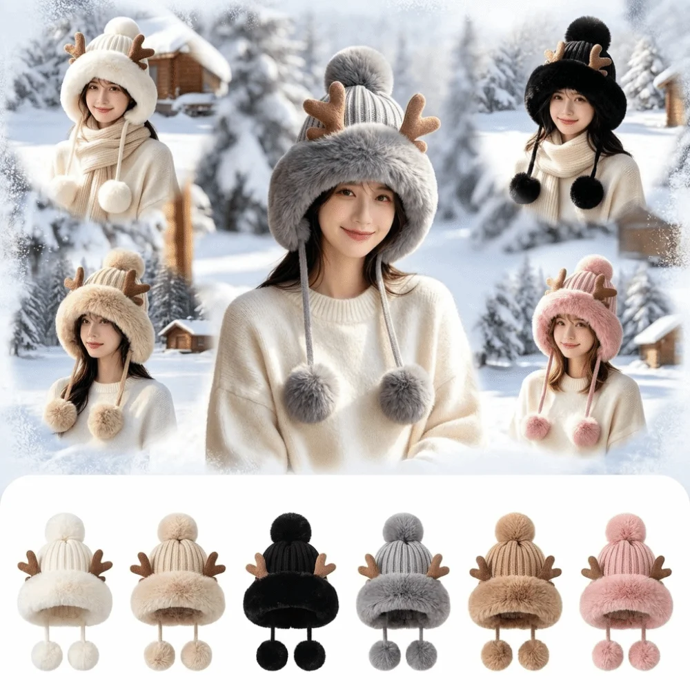 Cute Thick Knit Trapper Hat Deer Antler Design Pom-Pom Detail Winter Hat Warm Insulation Pom-Pom Beanie Cold Weather