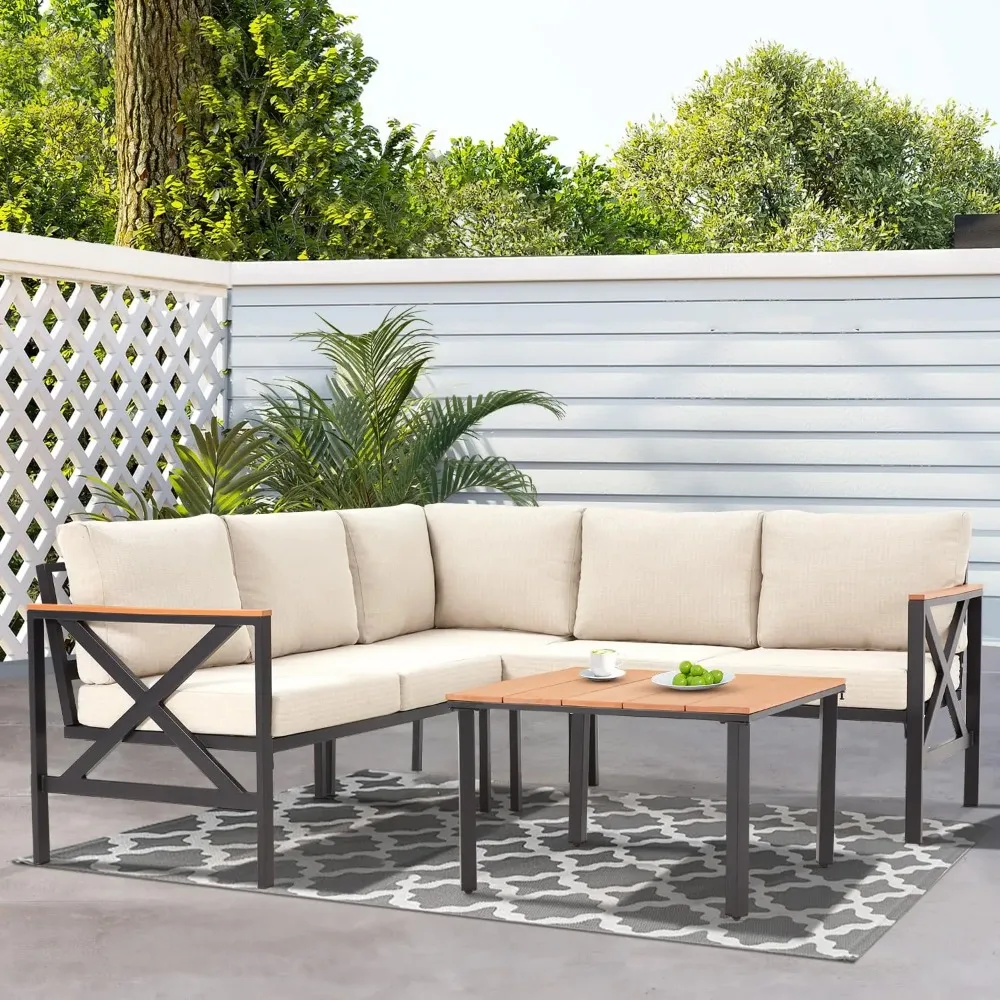 

Комплекты садовой мебели из 6 предметов, металлические уличные секционные мебельные гарнитуры L-образной формы для патио с имитацией дерева, на заказ