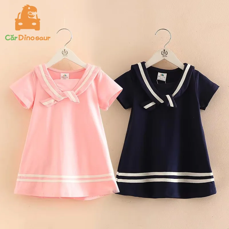2026 Summer 2 3 4 5 6 8 10 Years Children Navy Military Style Pincess Short Sleeve Patchwork Little Baby Kids Girl Dress